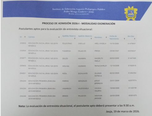 ADMISIÓN EXONERADOS